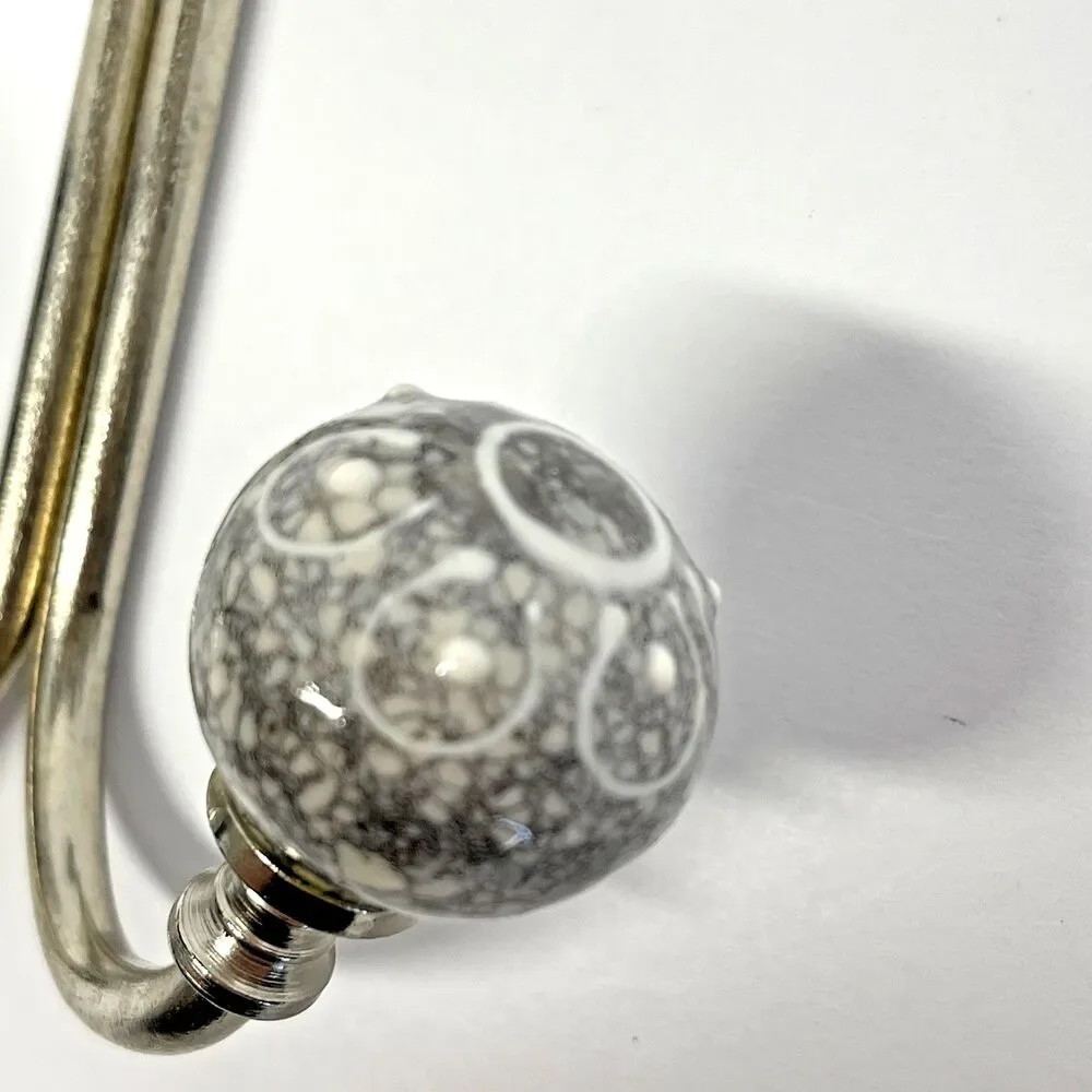Ceramic Ornate Double Coat Hat Or Towel Hook Grey & White With Silver Hardware